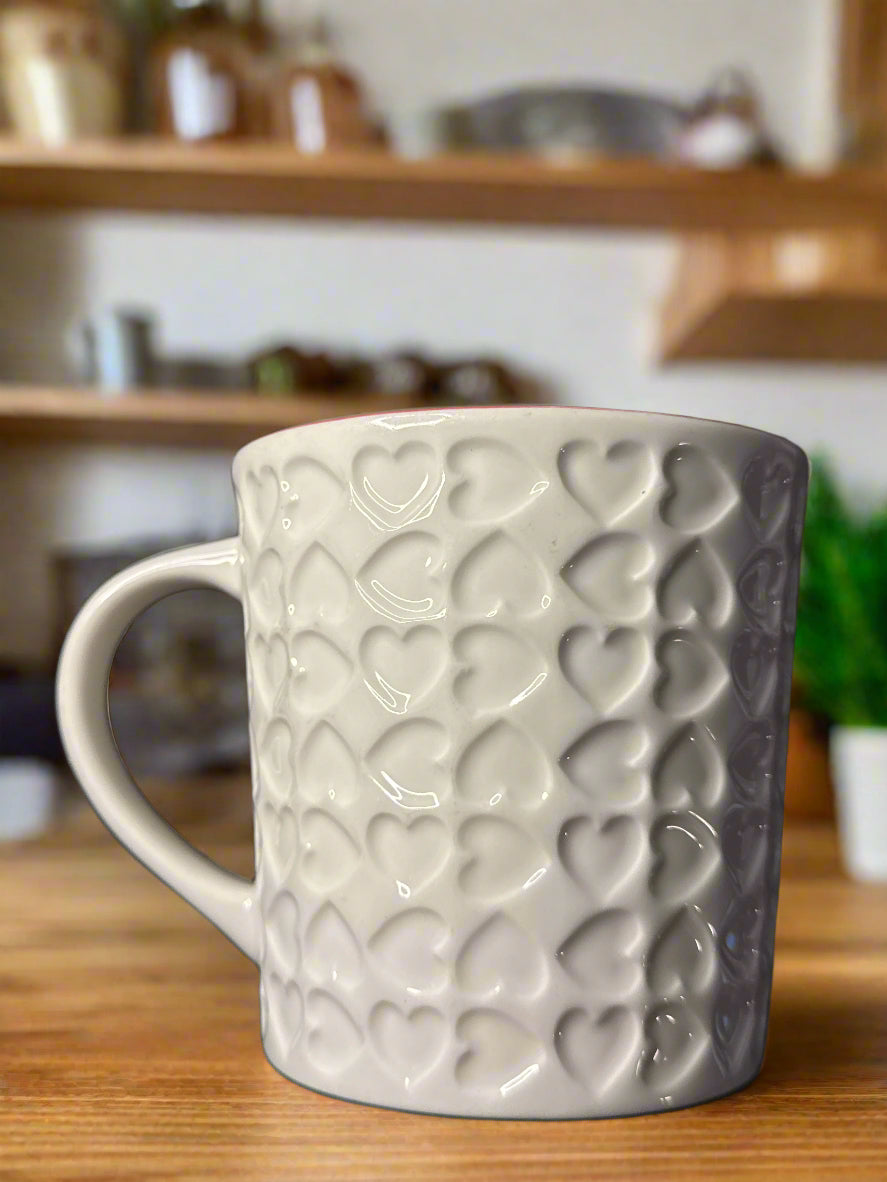 Starbucks 2007 Valentine's Day Embossed Red & White Hearts 16oz Coffee Cup Mug 4 1/8" Tall