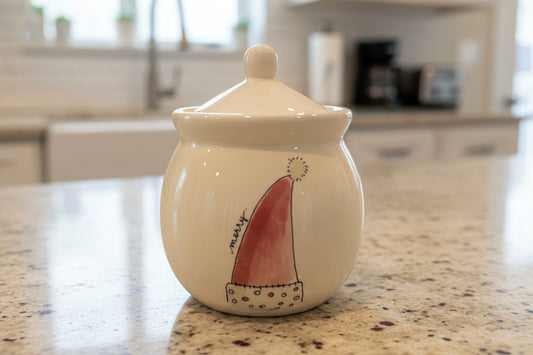 Rae Dunn "Merry" Santa Hat Covered Sugar Jar w/ Lid May Your Days Be Merry 5.25" Tall