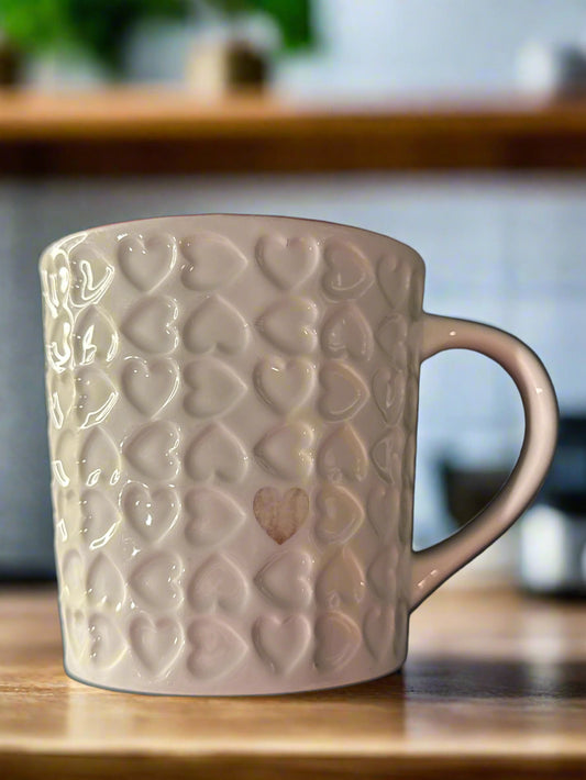 Starbucks 2007 Valentine's Day Embossed Red & White Hearts 16oz Coffee Cup Mug 4 1/8" Tall