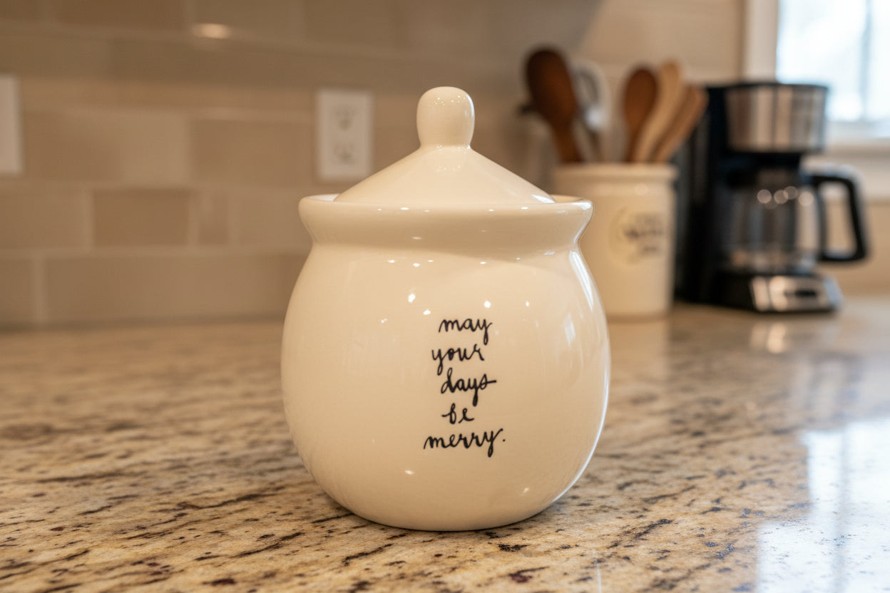Rae Dunn "Merry" Santa Hat Covered Sugar Jar w/ Lid May Your Days Be Merry 5.25" Tall