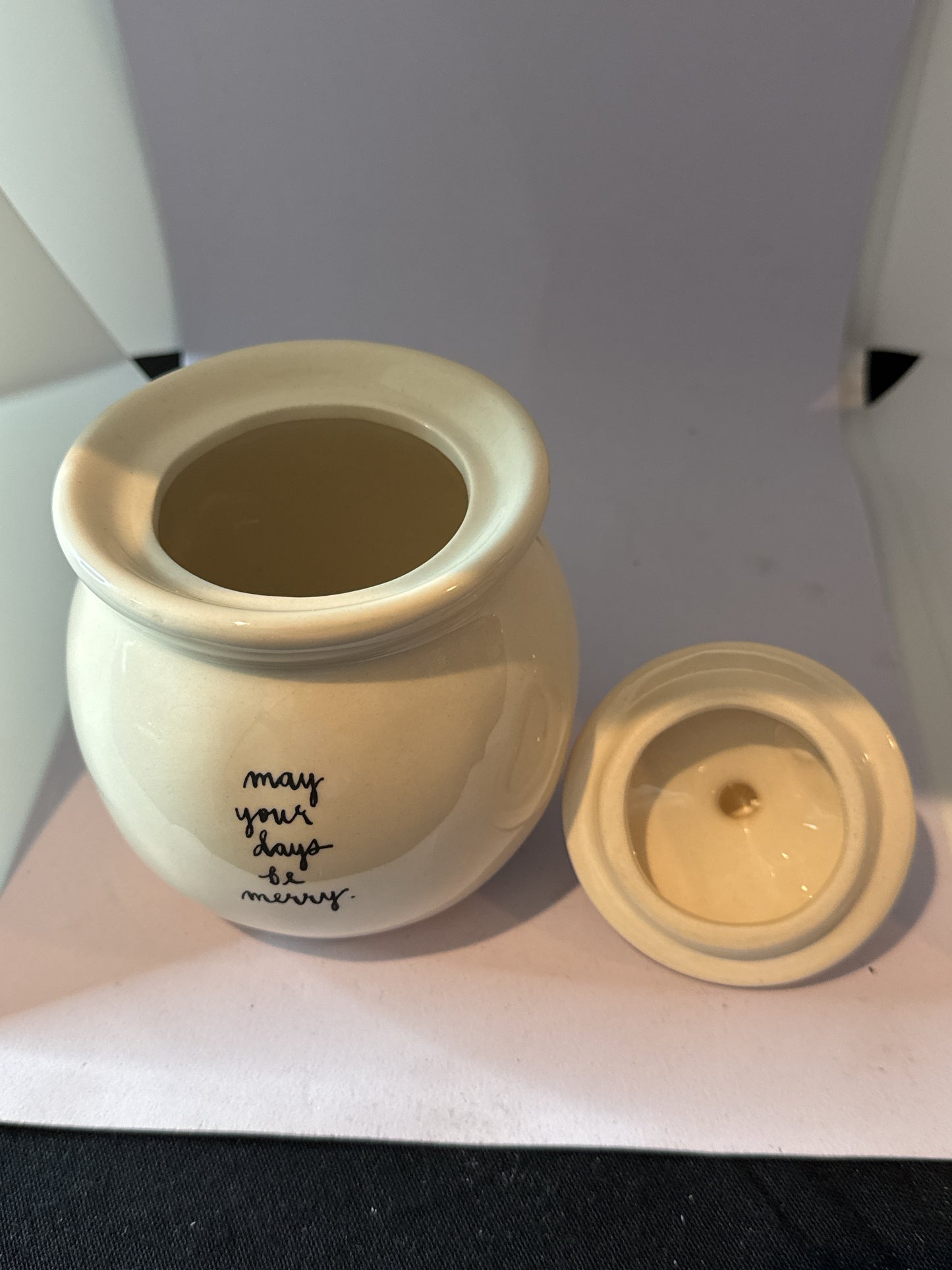 Rae Dunn "Merry" Santa Hat Covered Sugar Jar w/ Lid May Your Days Be Merry 5.25" Tall