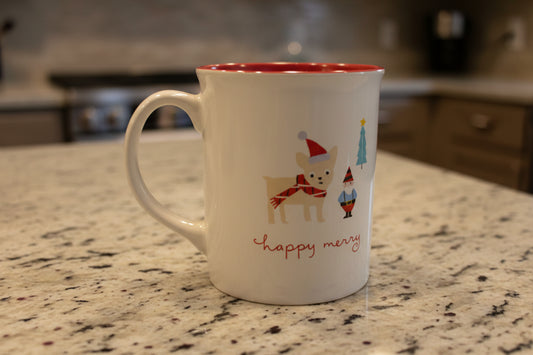 Rare Find - Fringe Happy Merry Coffee Cup Mug Elf Dog Red Interior 4 3/8" Tall