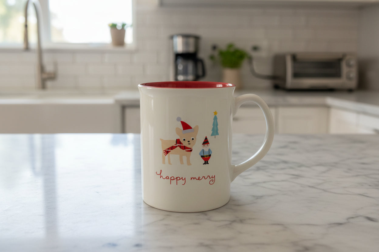 Rare Find - Fringe Happy Merry Coffee Cup Mug Elf Dog Red Interior 4 3/8" Tall