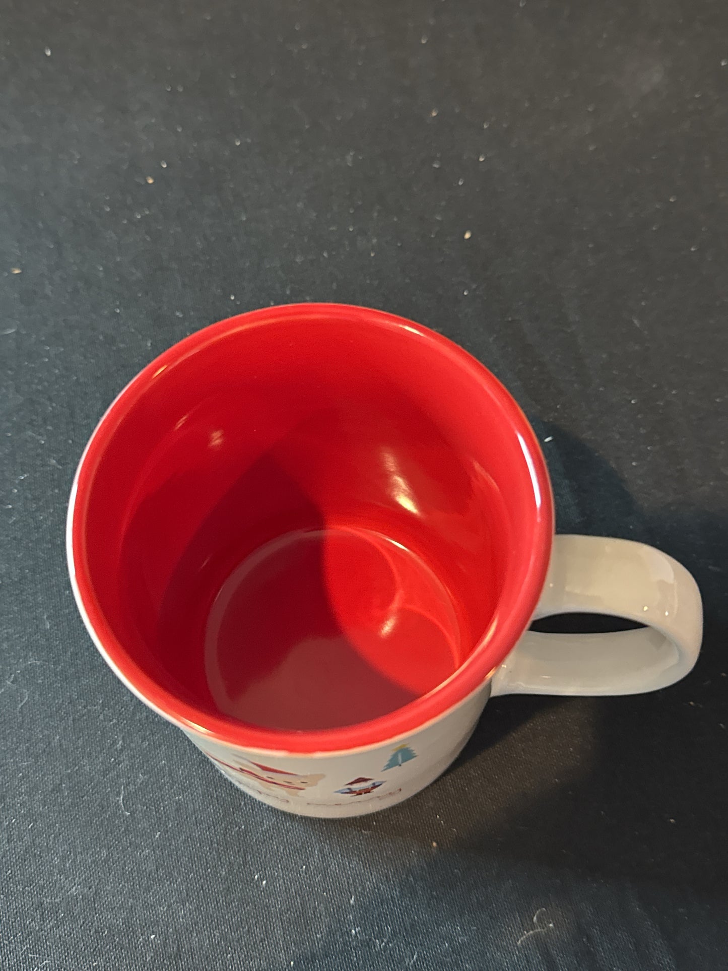 Rare Find - Fringe Happy Merry Coffee Cup Mug Elf Dog Red Interior 4 3/8" Tall