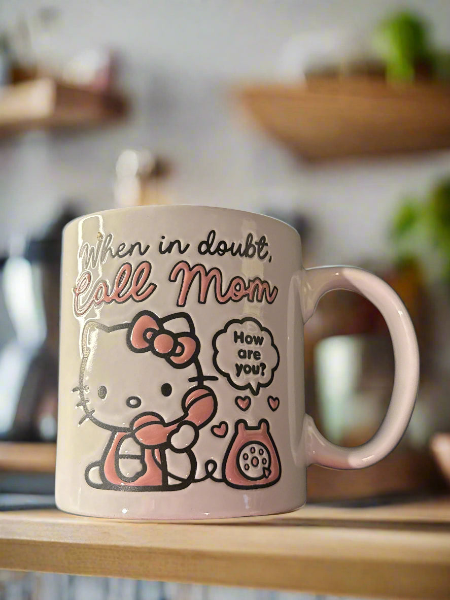 Hello Kitty Large Pink & White Coffee Mug Cup When In Doubt, Call Mom. 4.25" Tall New