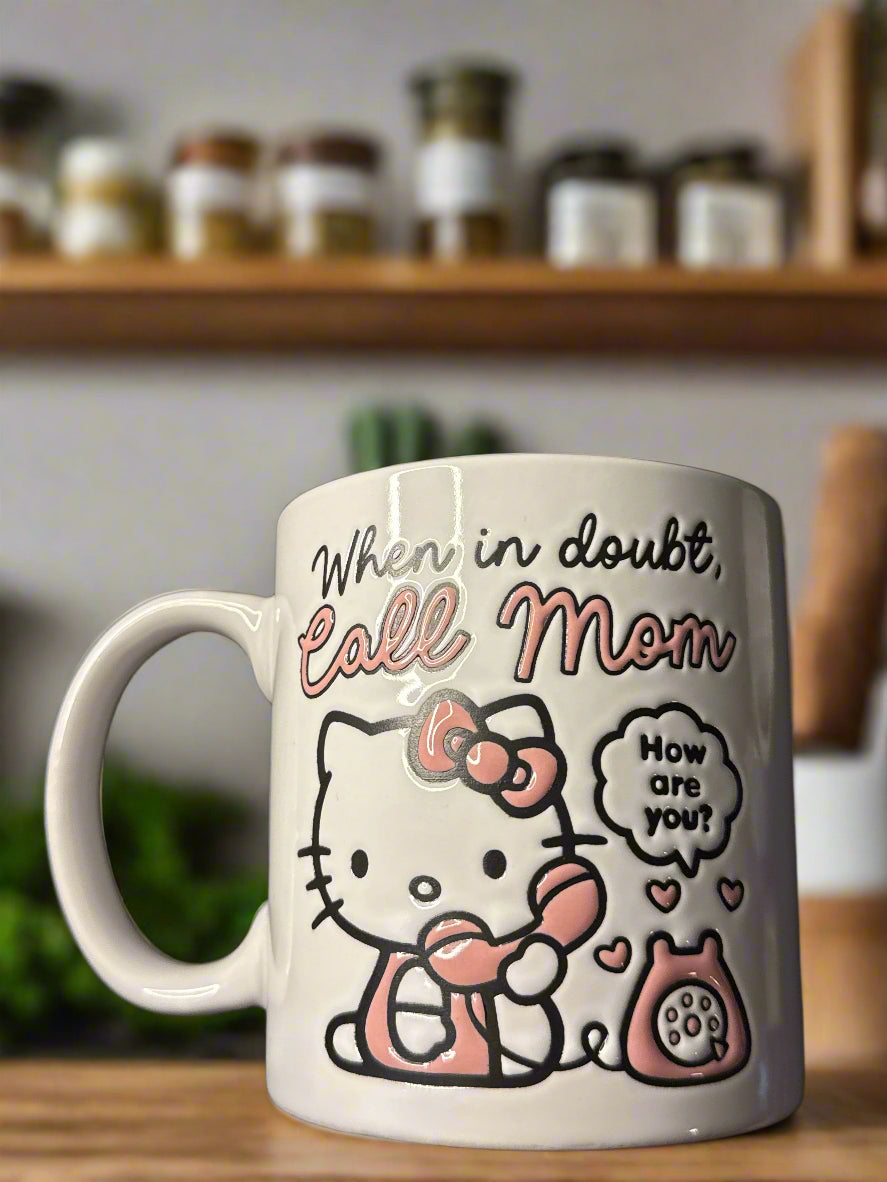 Hello Kitty Large Pink & White Coffee Mug Cup When In Doubt, Call Mom. 4.25" Tall New
