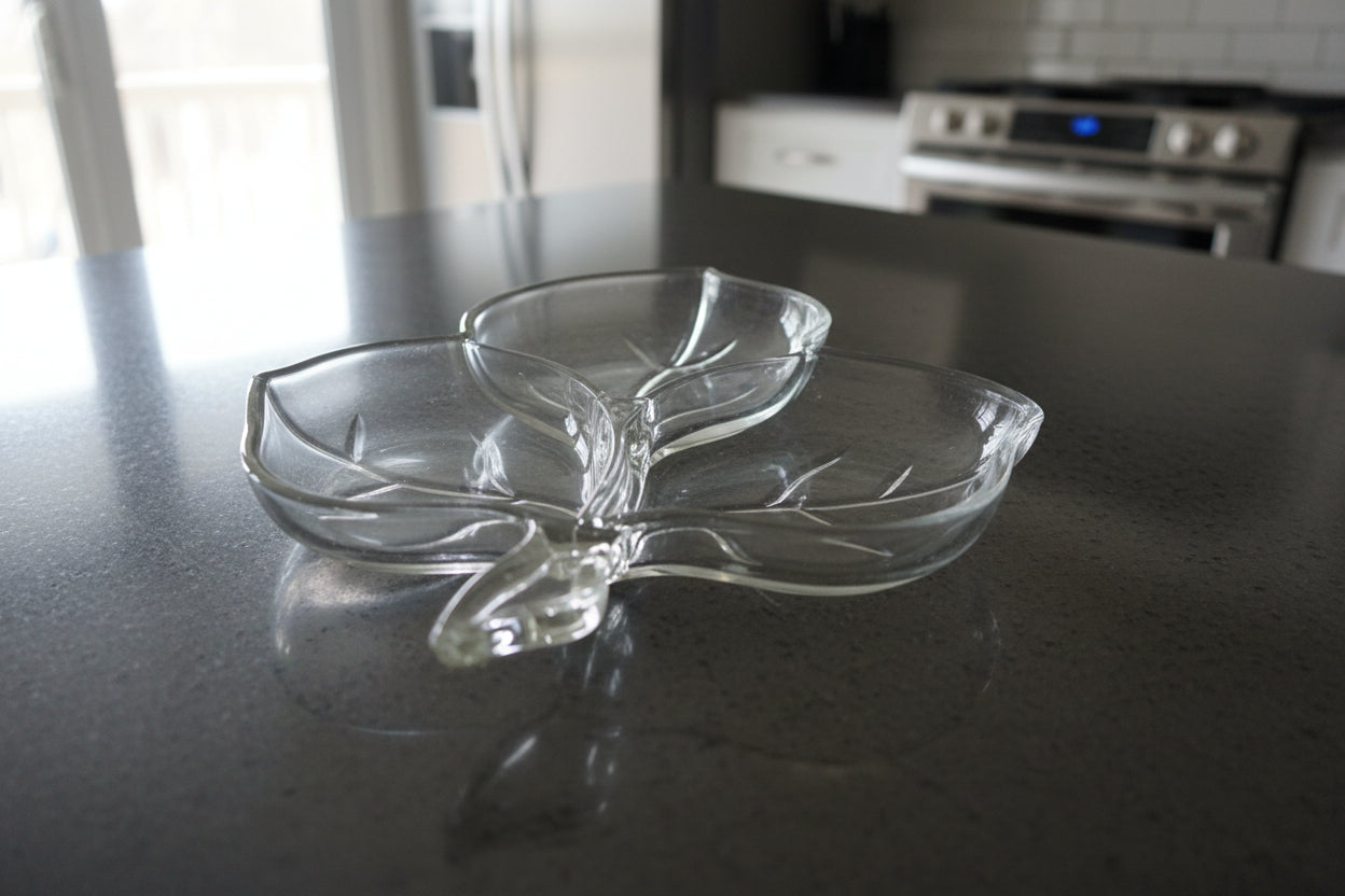 Vintage 3 Leaf Pattern Shape Divided Candy Nut Dish Pressed Glass 7" x 6"