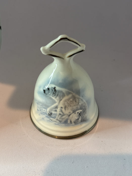 Vintage Sunrise Bone China Husky Dog Sled Polar Bear 3.5" Tall Made in Canada Bell