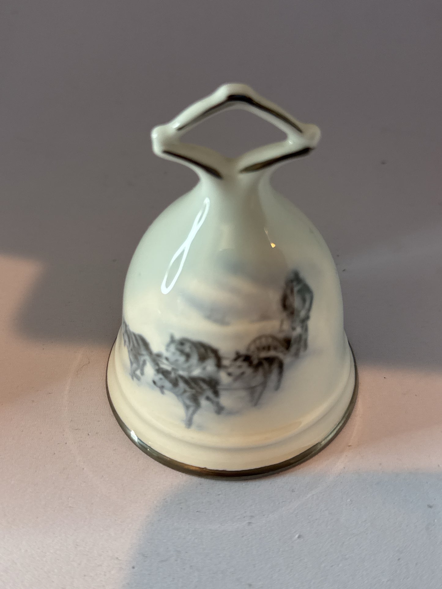 Vintage Sunrise Bone China Husky Dog Sled Polar Bear 3.5" Tall Made in Canada Bell
