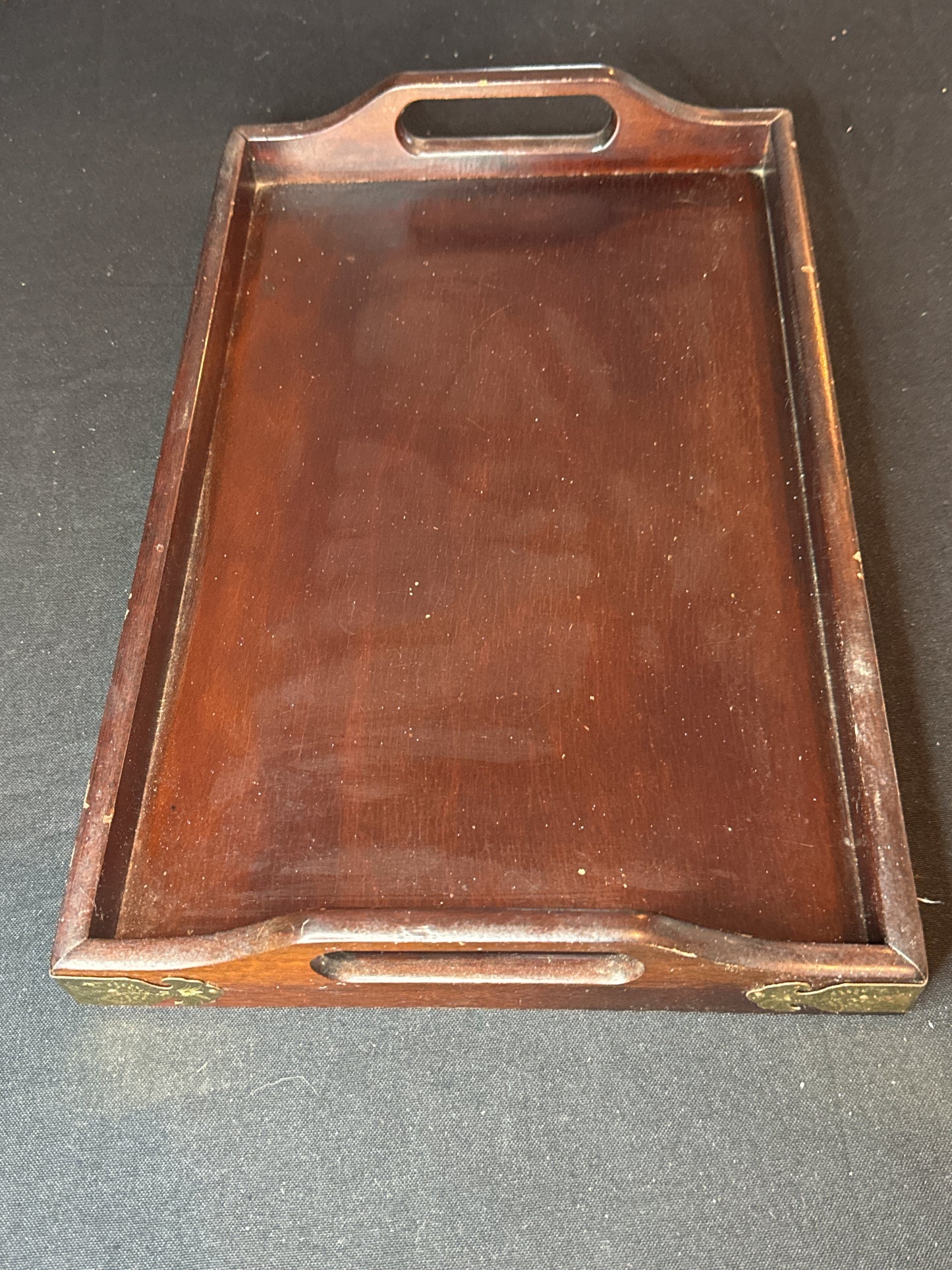 Large Bombay Co Wood Tray with Handles and Brass Corners, Decorative 16" X 10.5"