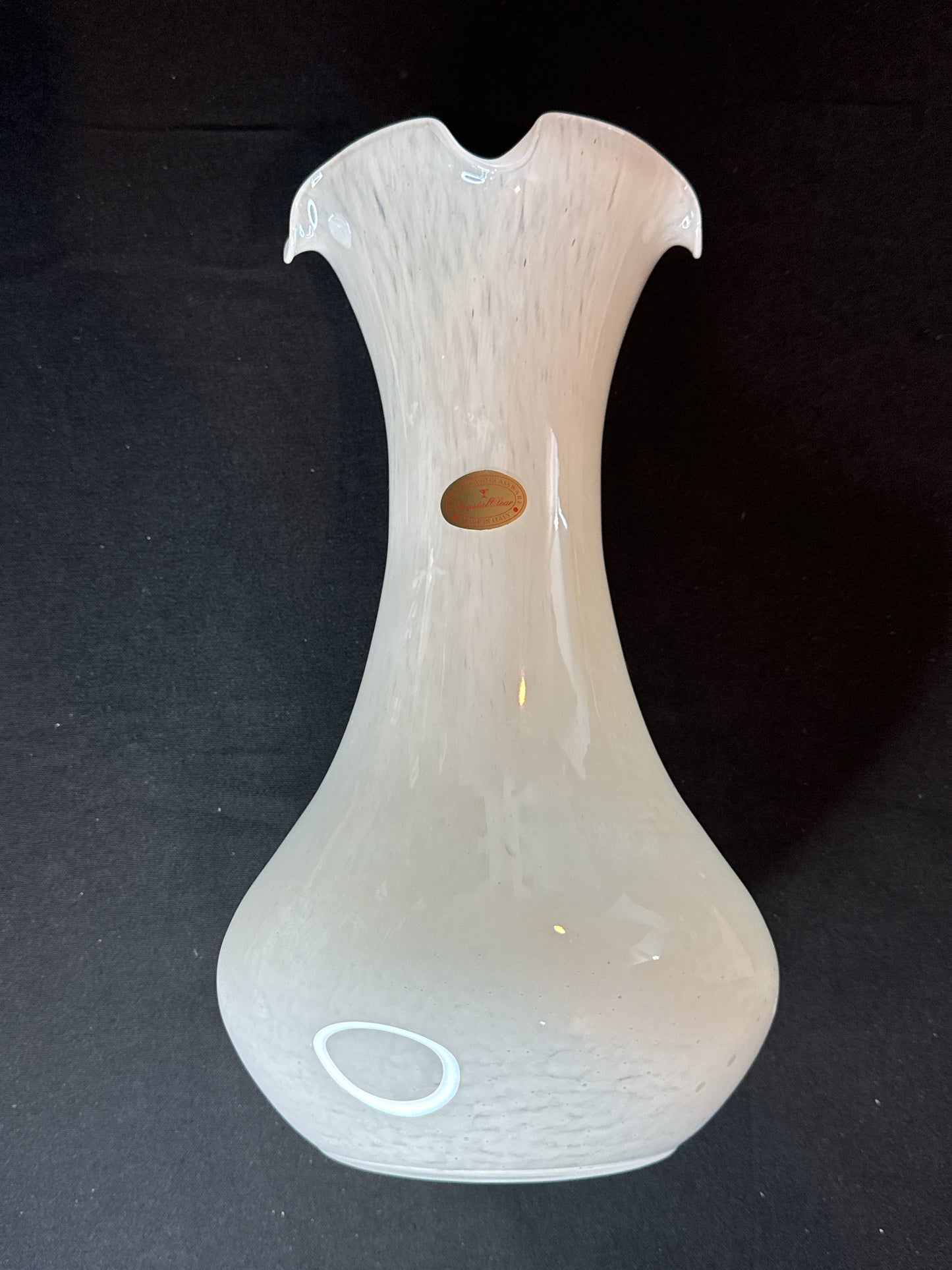 Murano White Style Glass Handkerchief Large Vase Ruffled Top 13" Tall