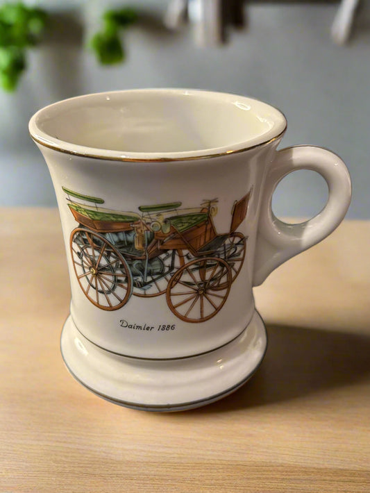 Lefton Vintage Mustache Saver Coffee Cup Antique Automobile 1886 Daimler Japan 4" Tall