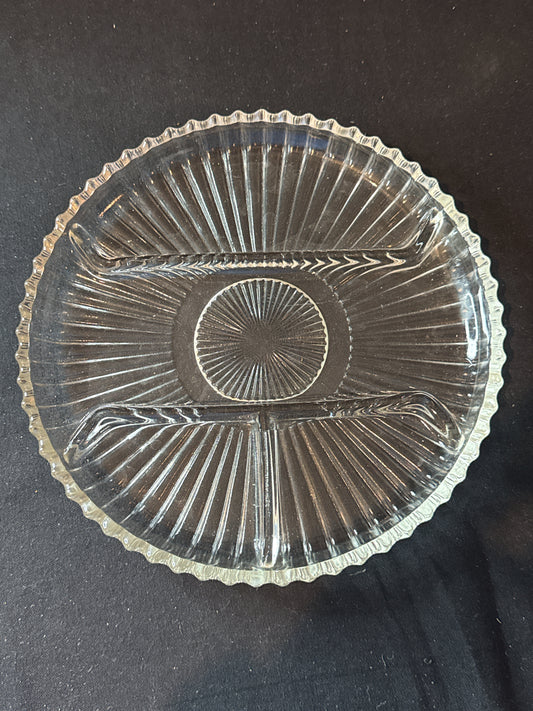 Indiana Glass Clear Divided Relish Ribbed Serving Dish 10" Wide