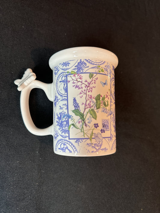 Hallmark Houston Harvest Butterfly Handle Lavender Flowers Stamp Mug Coffee Cup 4 3/8"