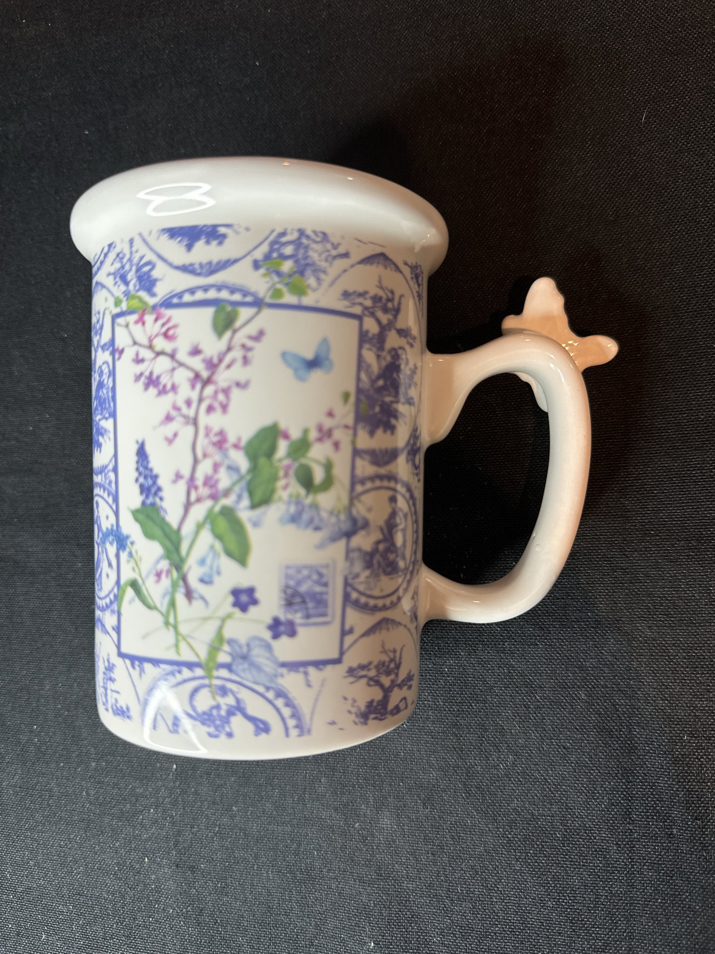 Hallmark Houston Harvest Butterfly Handle Lavender Flowers Stamp Mug Coffee Cup 4 3/8"