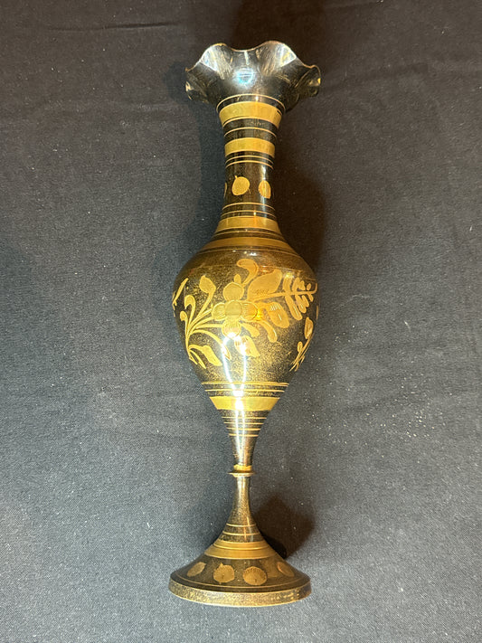 Jainson Etched Brass Vase India Metal Floral Flower Ruffled Edge Vintage 12" Tall