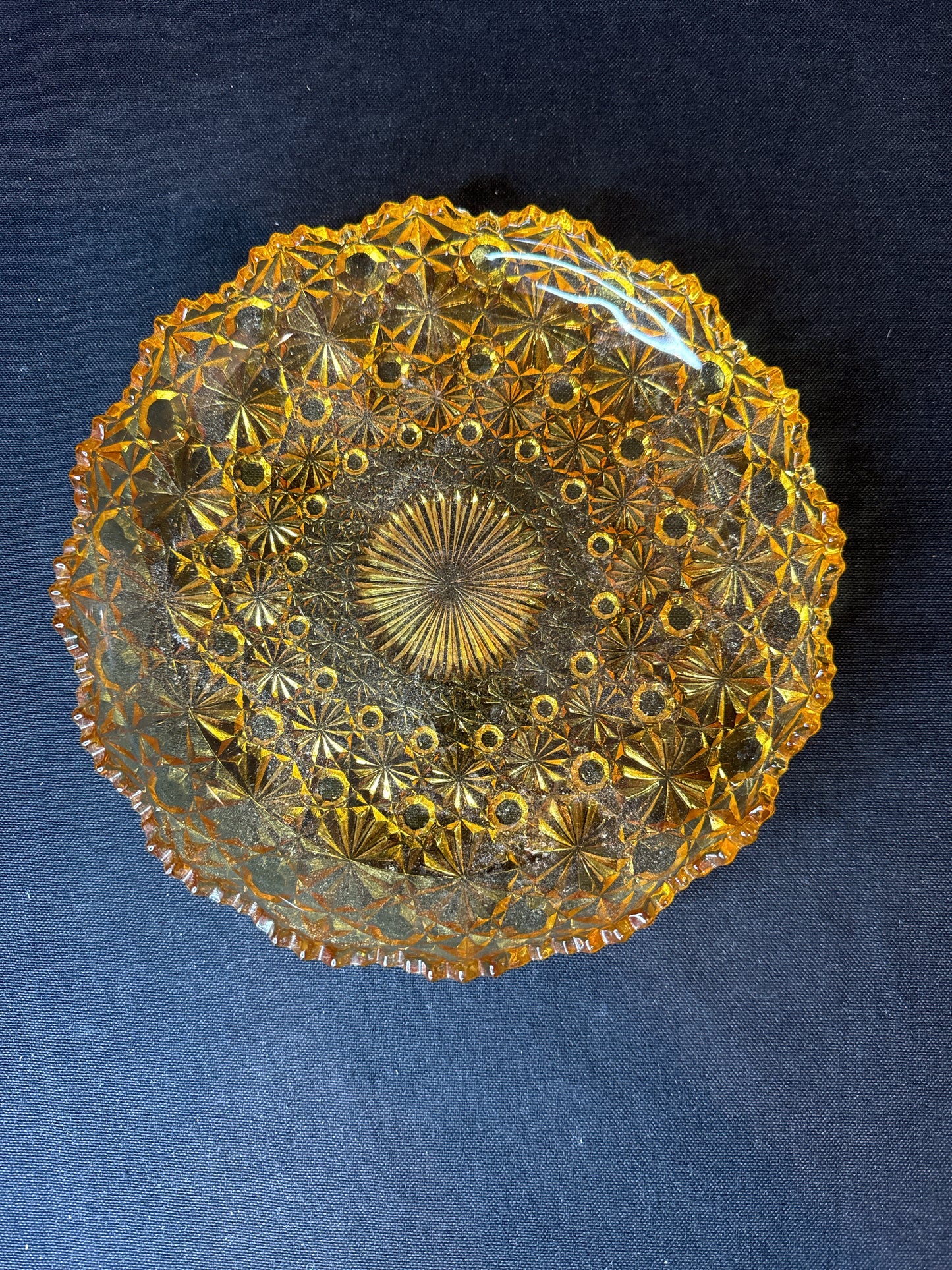 Mid Century Gold Amber Glassware Crystal 70s Mandala Dish Plate Scalloped Edge
