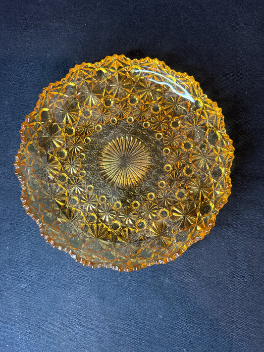 Mid Century Gold Amber Glassware Crystal 70s Mandala Dish Plate Scalloped Edge