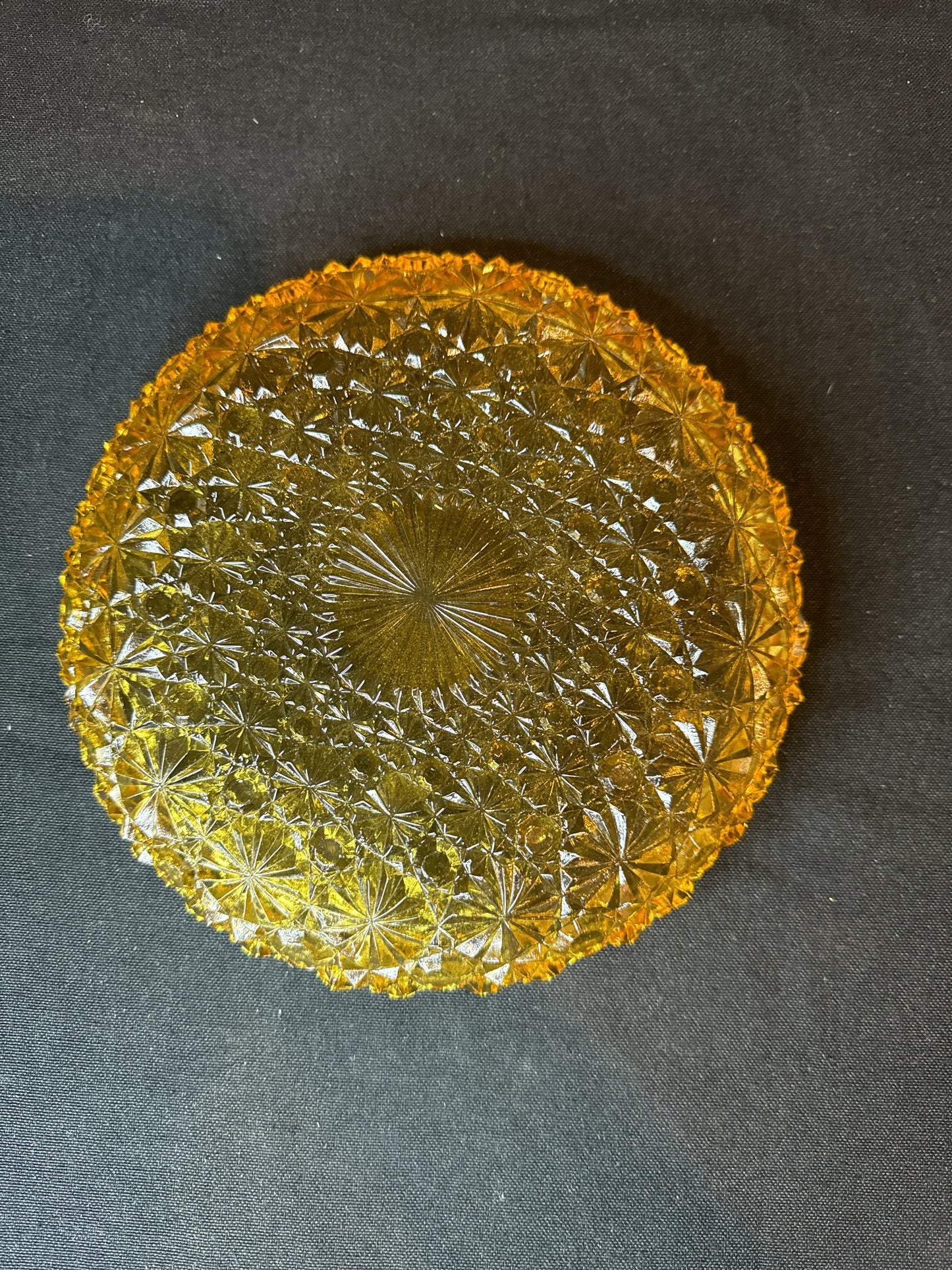 Mid Century Gold Amber Glassware Crystal 70s Mandala Dish Plate Scalloped Edge