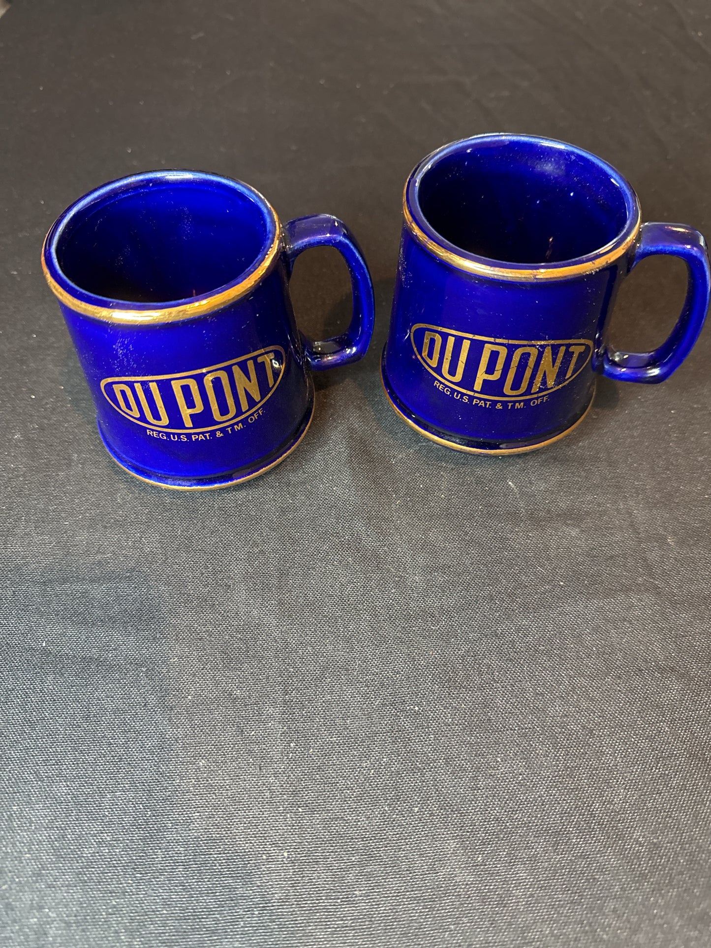 Set of 2 DuPont Coffee Mugs Blue and Gold Trim and Lettering Made in USA