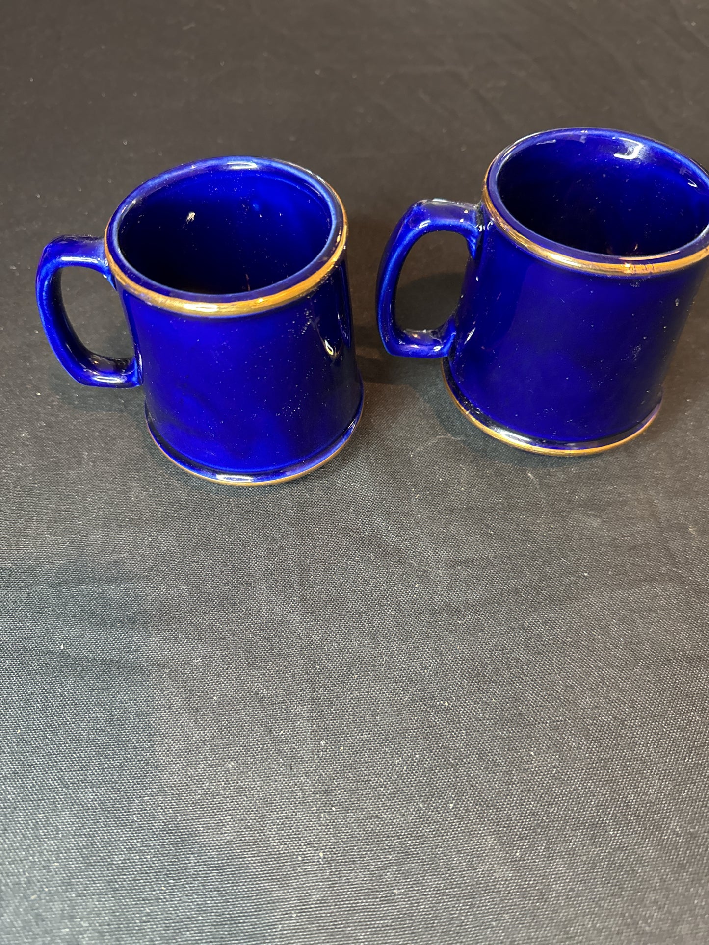 Set of 2 DuPont Coffee Mugs Blue and Gold Trim and Lettering Made in USA