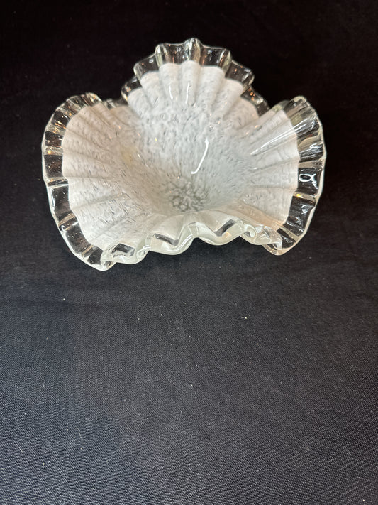 Murano White Fan Bowl Art Glass Flower Bowl 7" Wide X 3.5" Tall