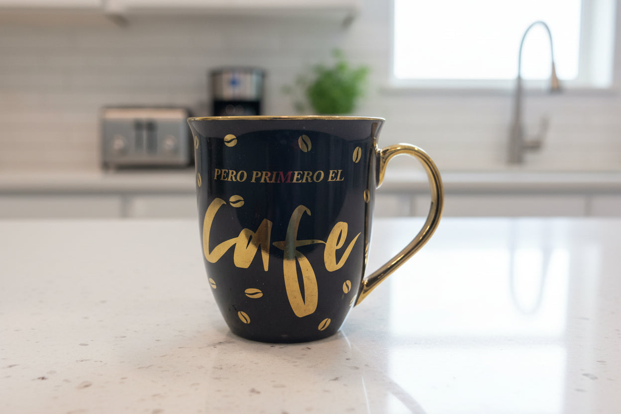Pero Primero El Cafe Black and Gold Coffee Cup Mug Bilberry Lane 4.25" Tall. New
