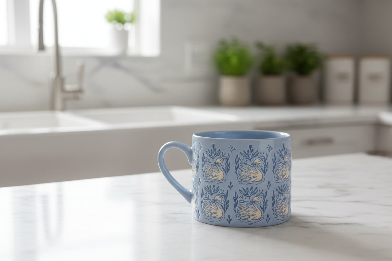 Fig & Fern Blue Swan Coffee Cup Mug Large 3.5" Tall x 4 3/8" Wide New