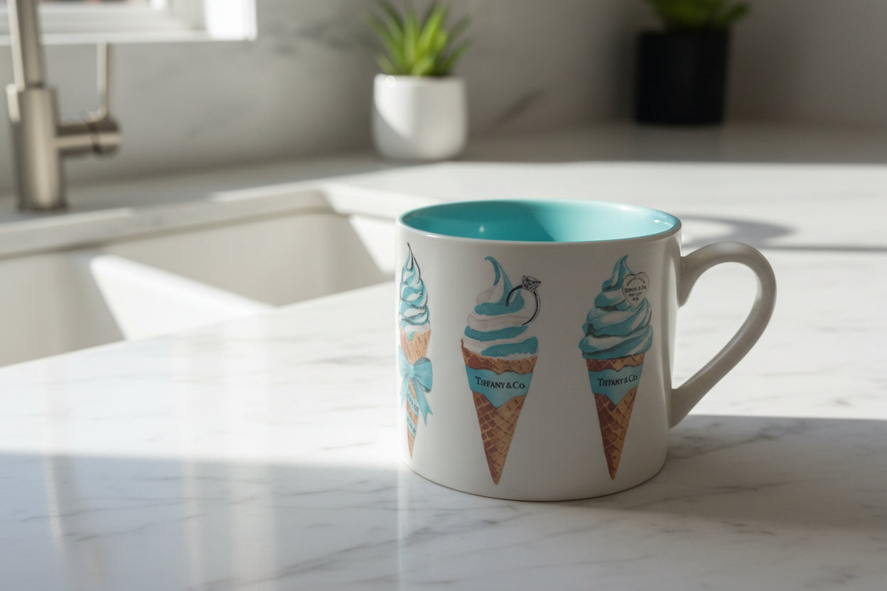 Fig & Fern Tiffany & Co. Light Blue Ice Cream Cone Large Coffee Mug Cup 3.5" T x 4 3/8" Wide