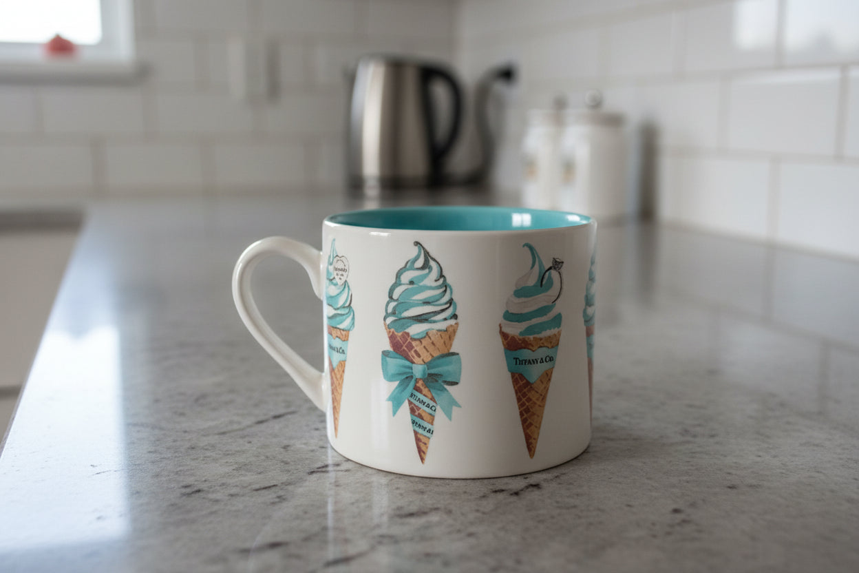 Fig & Fern Tiffany & Co. Light Blue Ice Cream Cone Large Coffee Mug Cup 3.5" T x 4 3/8" Wide