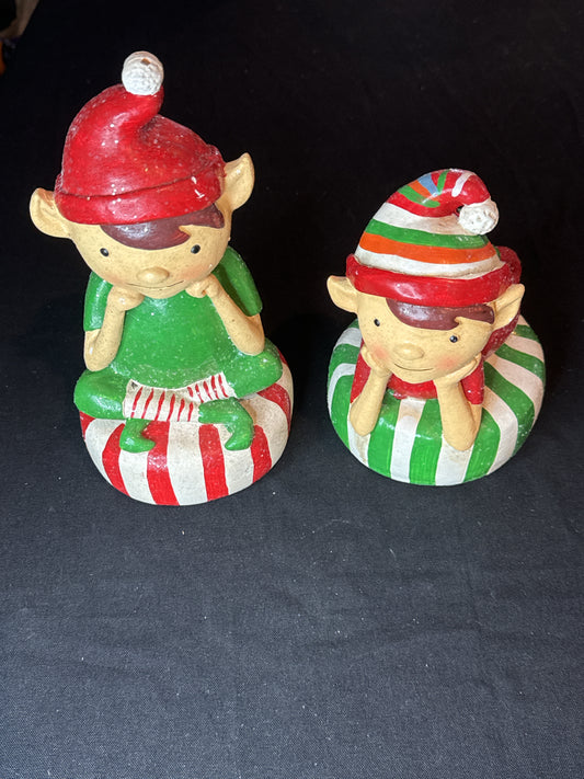 Cracker Barrel Sitting Elf and Elf Laying Down Holiday Christmas Statue