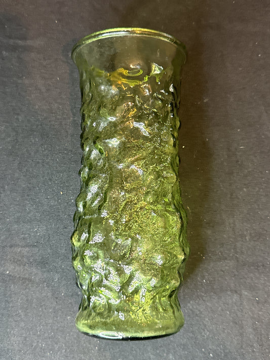 Vintage Green Glass Crackle Textured Flower Vase 9" Tall