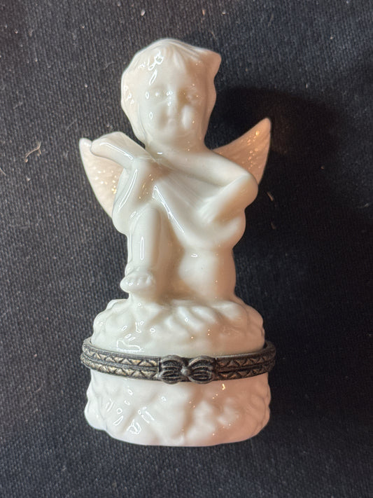 Vintage Porcelain Cherub Figurine Trinket Box Playing a Lute 3.5" Tall and 1.5" Width