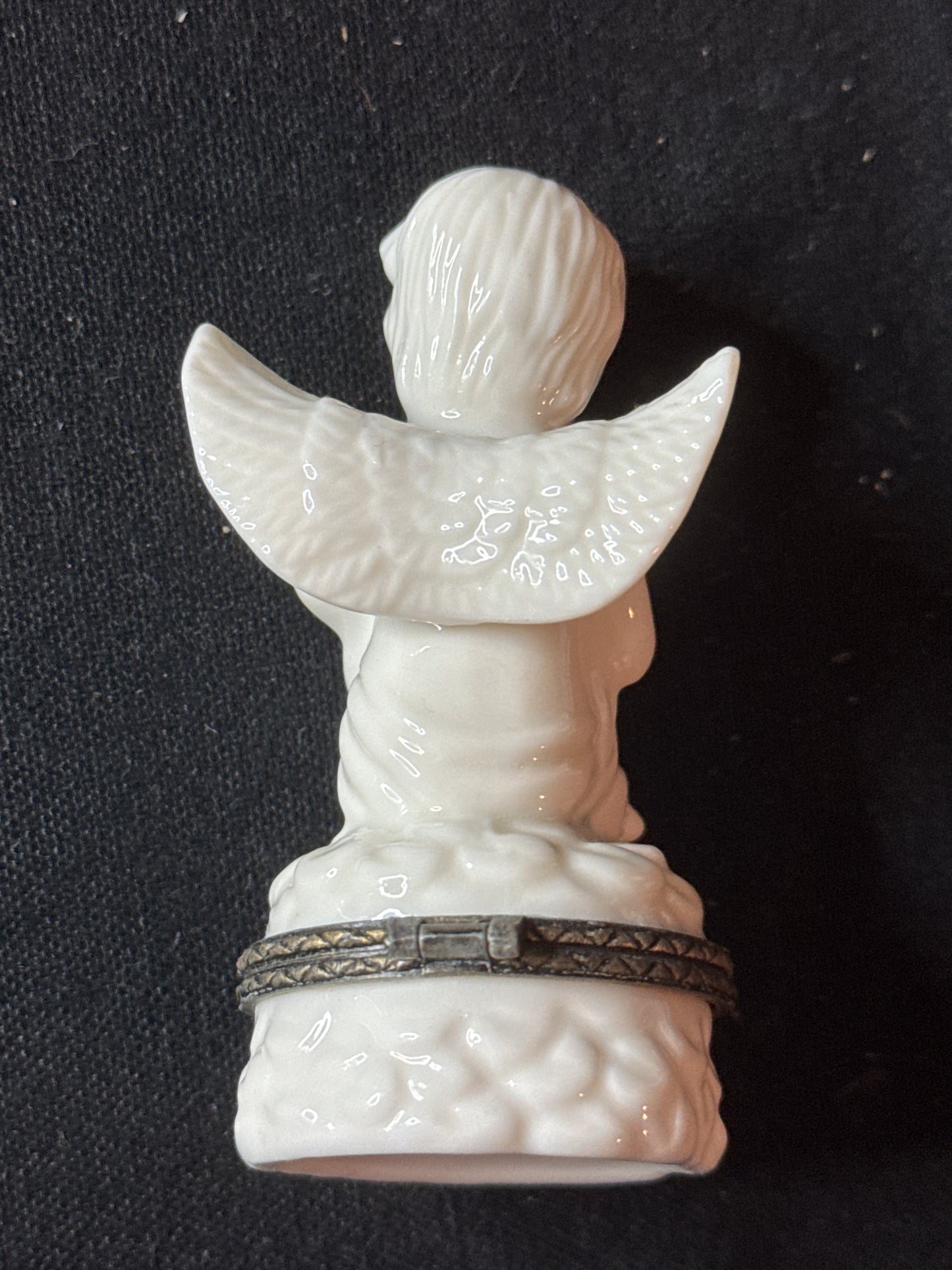 Vintage Porcelain Cherub Figurine Trinket Box Playing a Lute 3.5" Tall and 1.5" Width