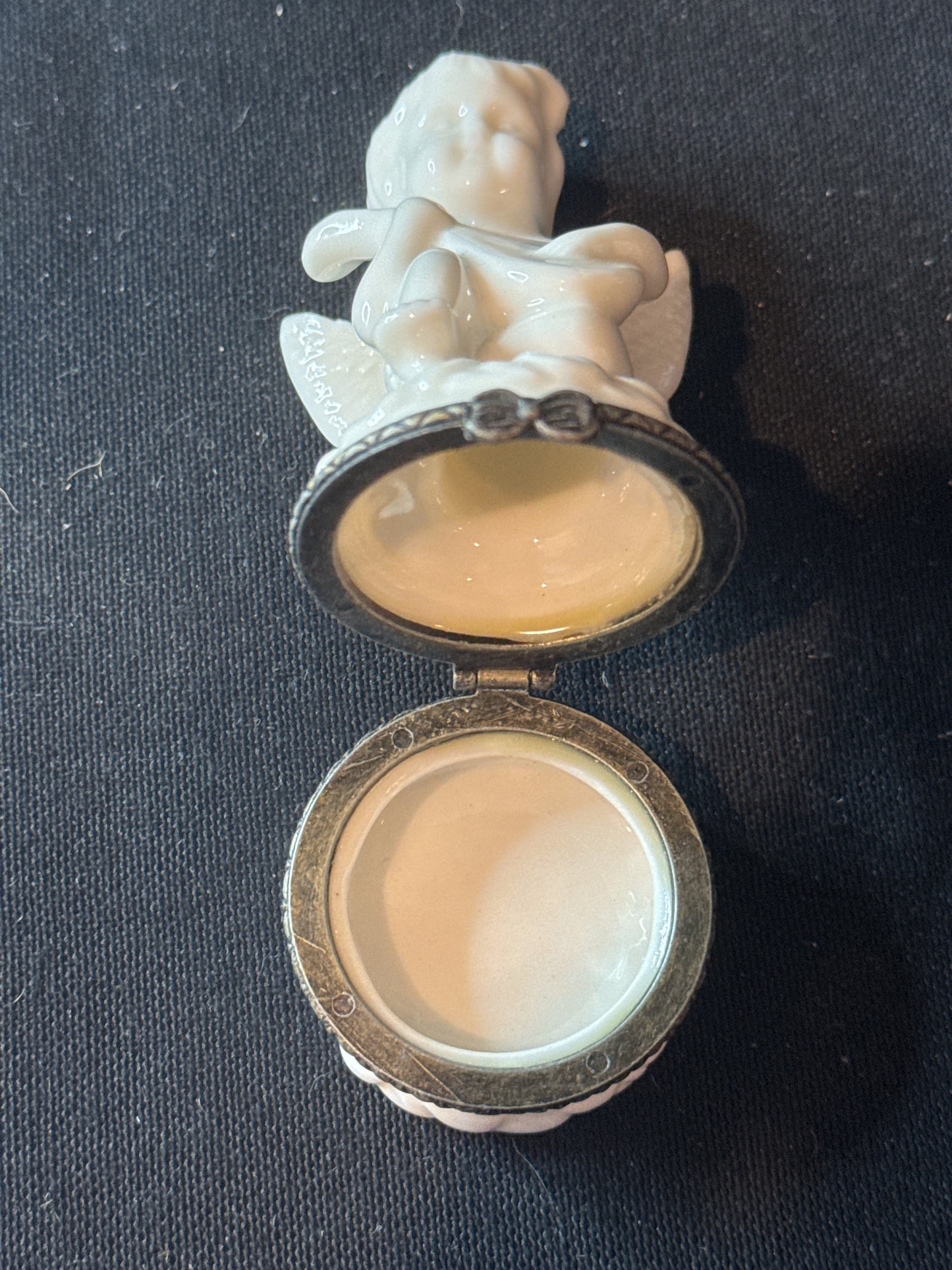 Vintage Porcelain Cherub Figurine Trinket Box Playing a Lute 3.5" Tall and 1.5" Width