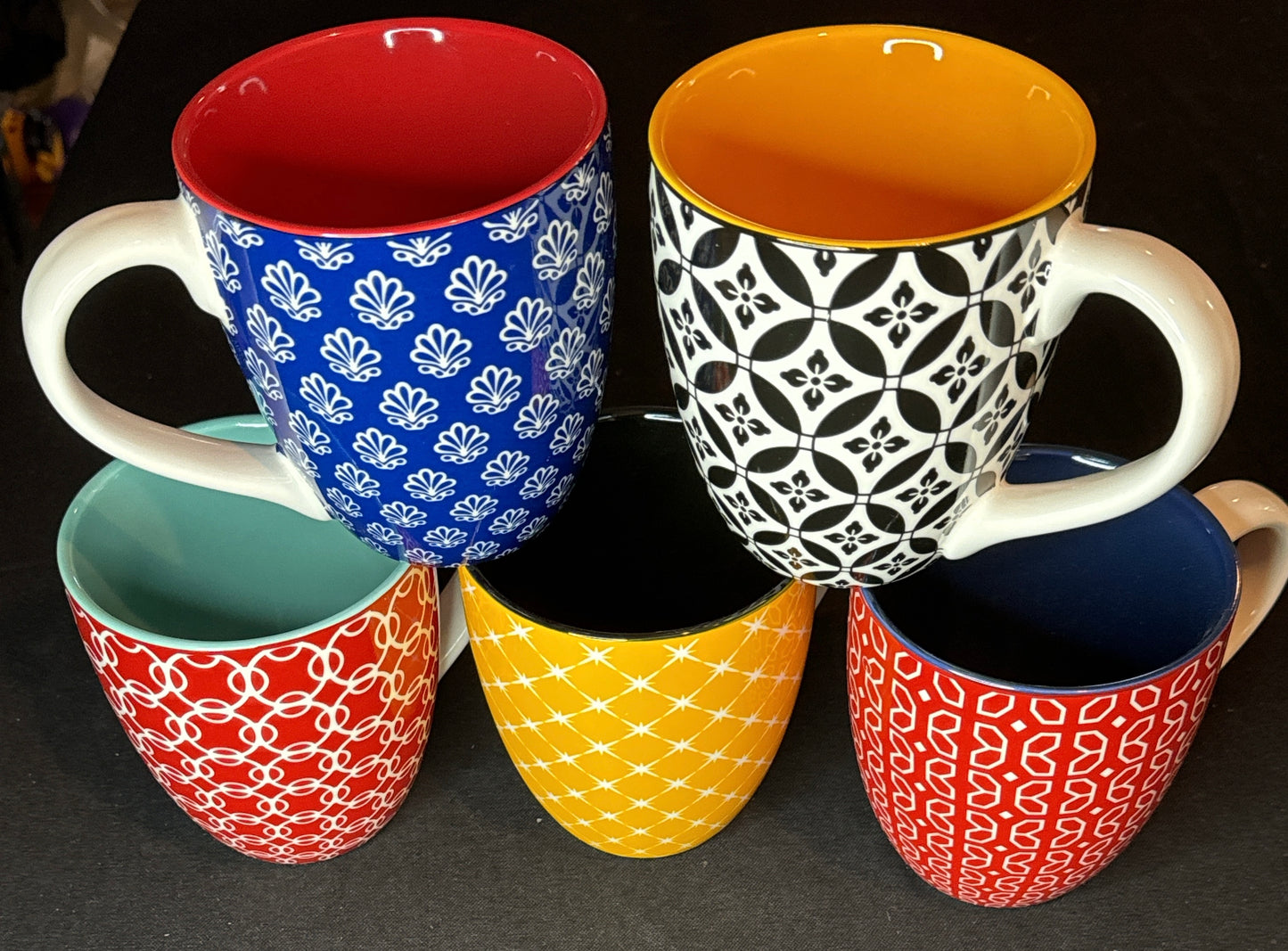 Down Coffee Mugs Set of 5 Multi-Colored 19oz Large Porcelain Mugs