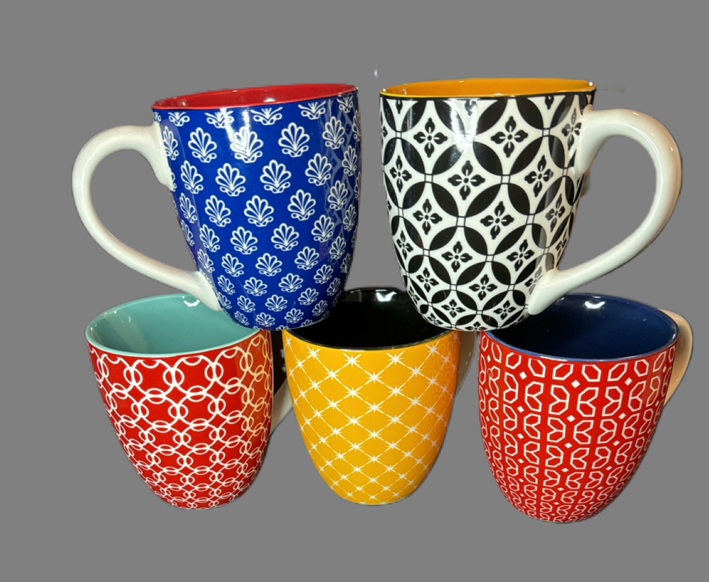 Down Coffee Mugs Set of 5 Multi-Colored 19oz Large Porcelain Mugs