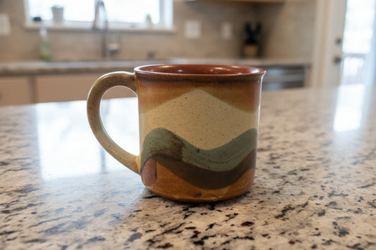 Vintage 1970s Otagiri Horizon Blue Brown Wavy Striped Stoneware Coffee Mug Cup 3 3/8" Tall
