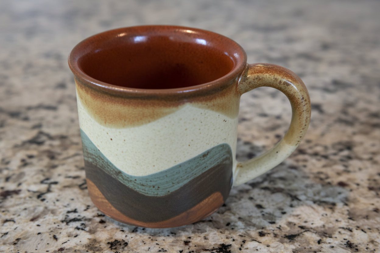 Vintage 1970s Otagiri Horizon Blue Brown Wavy Striped Stoneware Coffee Mug Cup 3 3/8" Tall