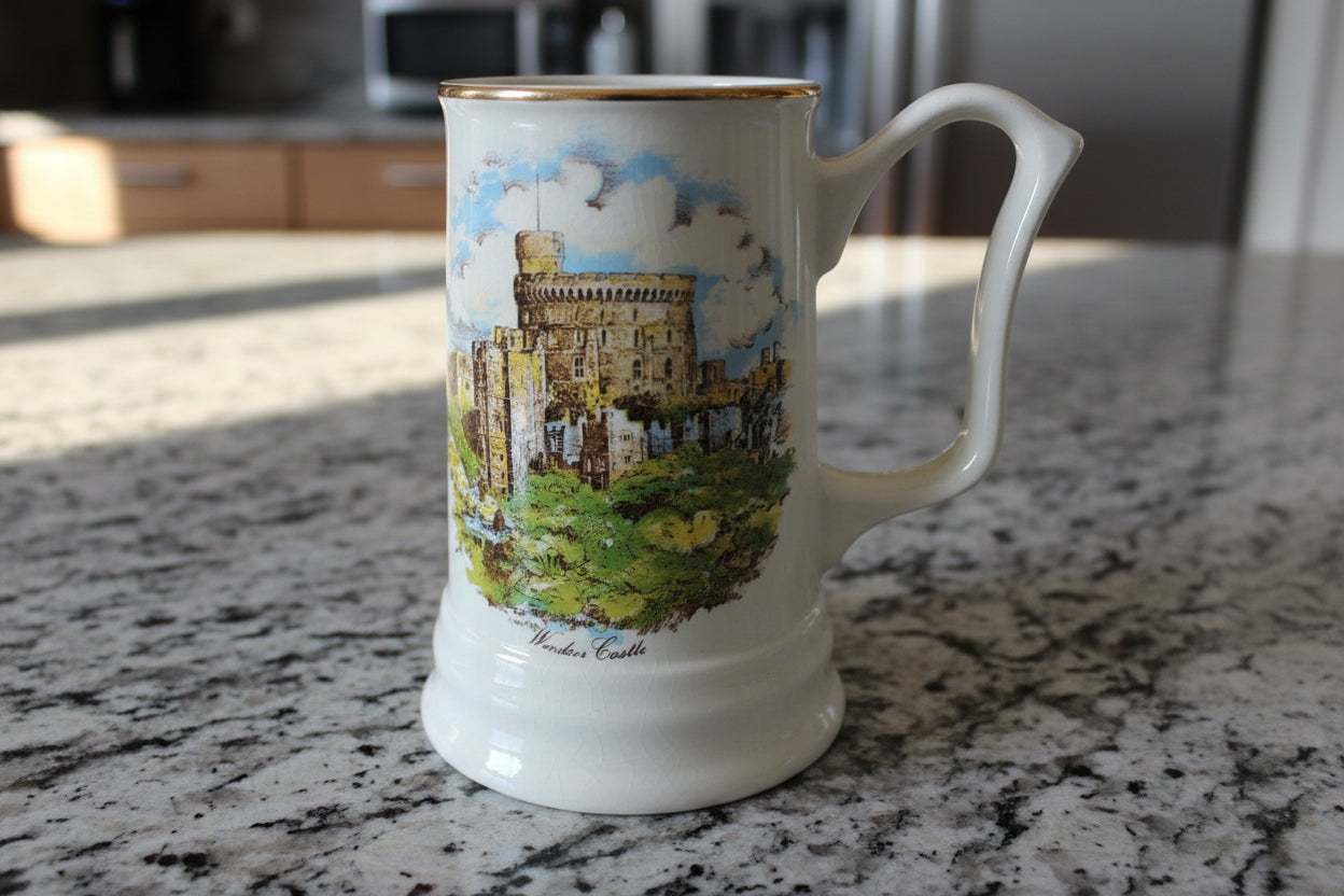 Very Rare Windsor Castle Stein Cup Mug White with Gold Trim 5.5" Tall Royal Falcon Ironstone