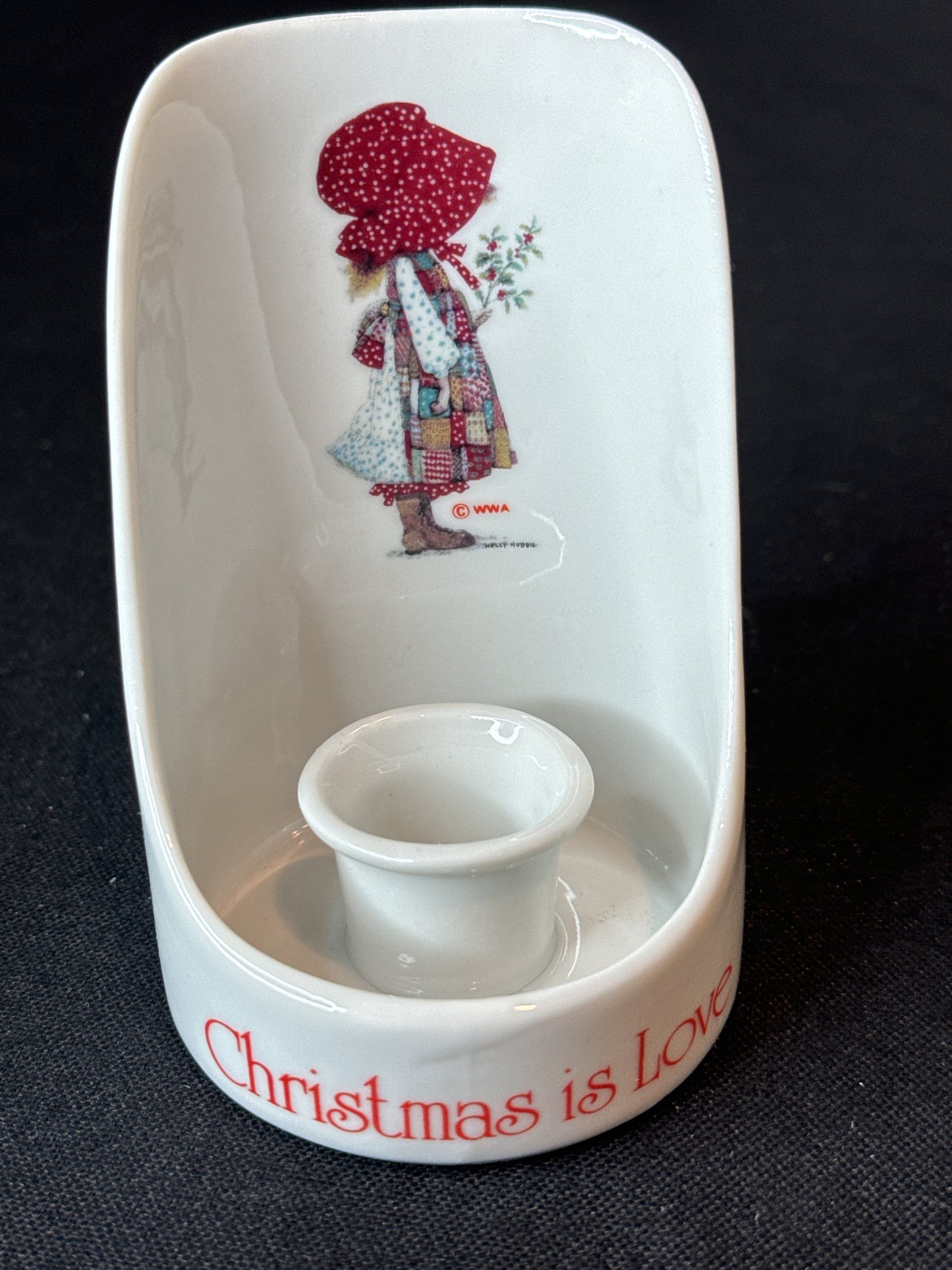 Vintage Holly Hobbie Christmas is Love Porcelain Taper Candle Holder Japan