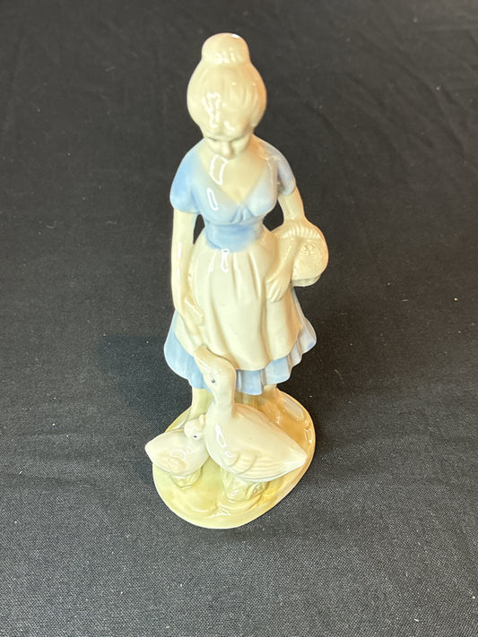 Vintage Farm Girl with Basket & Ducks Porcelain Figure Blue/White 8.75" Tall