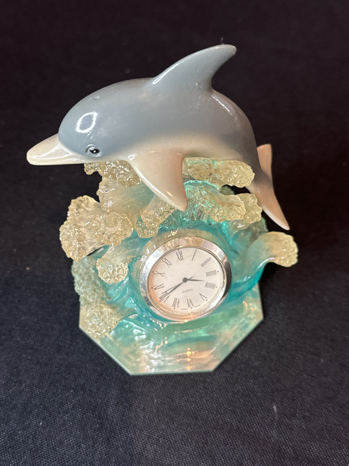 Beautiful Ceramic Dolphin Sea Glass Mini Desk Table Clock Waves Quartz EUC Read