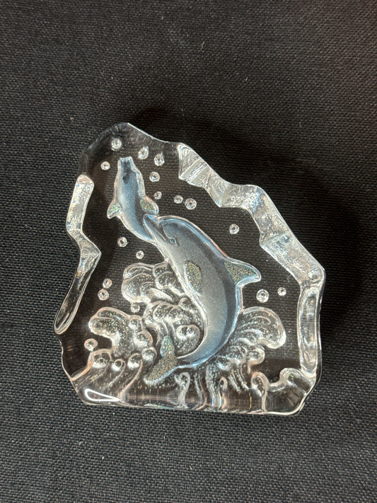 Vintage Art Glass Crystal Etched Dolphin Paper Weight 3" Tall 3" Wide 1" Thick