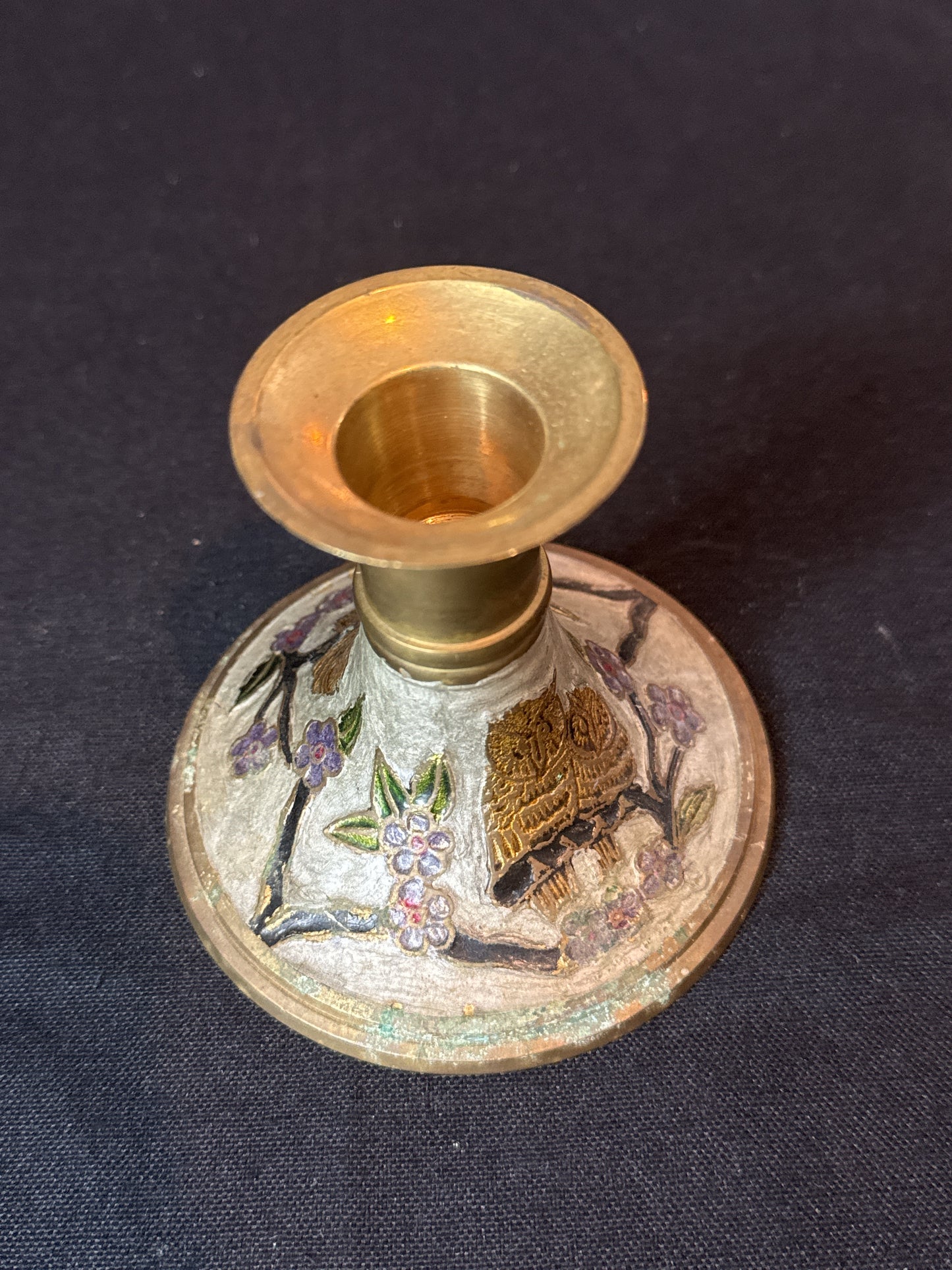 Brass Candlestick Enameled Design on Brass Owls Flowers German Crafted Hand Arbeit