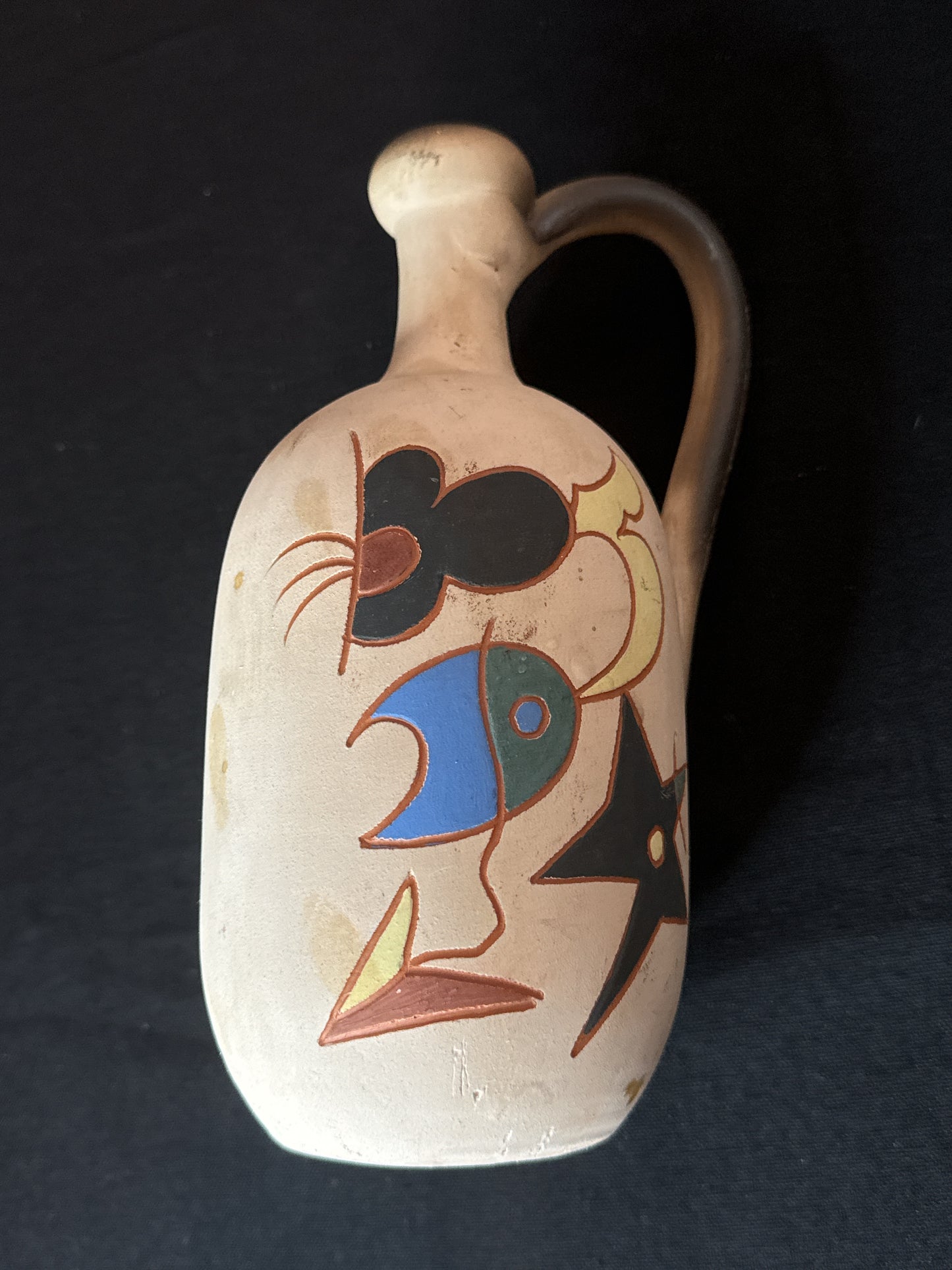 Vintage Stoneware Pottery Pitcher Bottle with Handle Boho Style Design 8.5" Tall