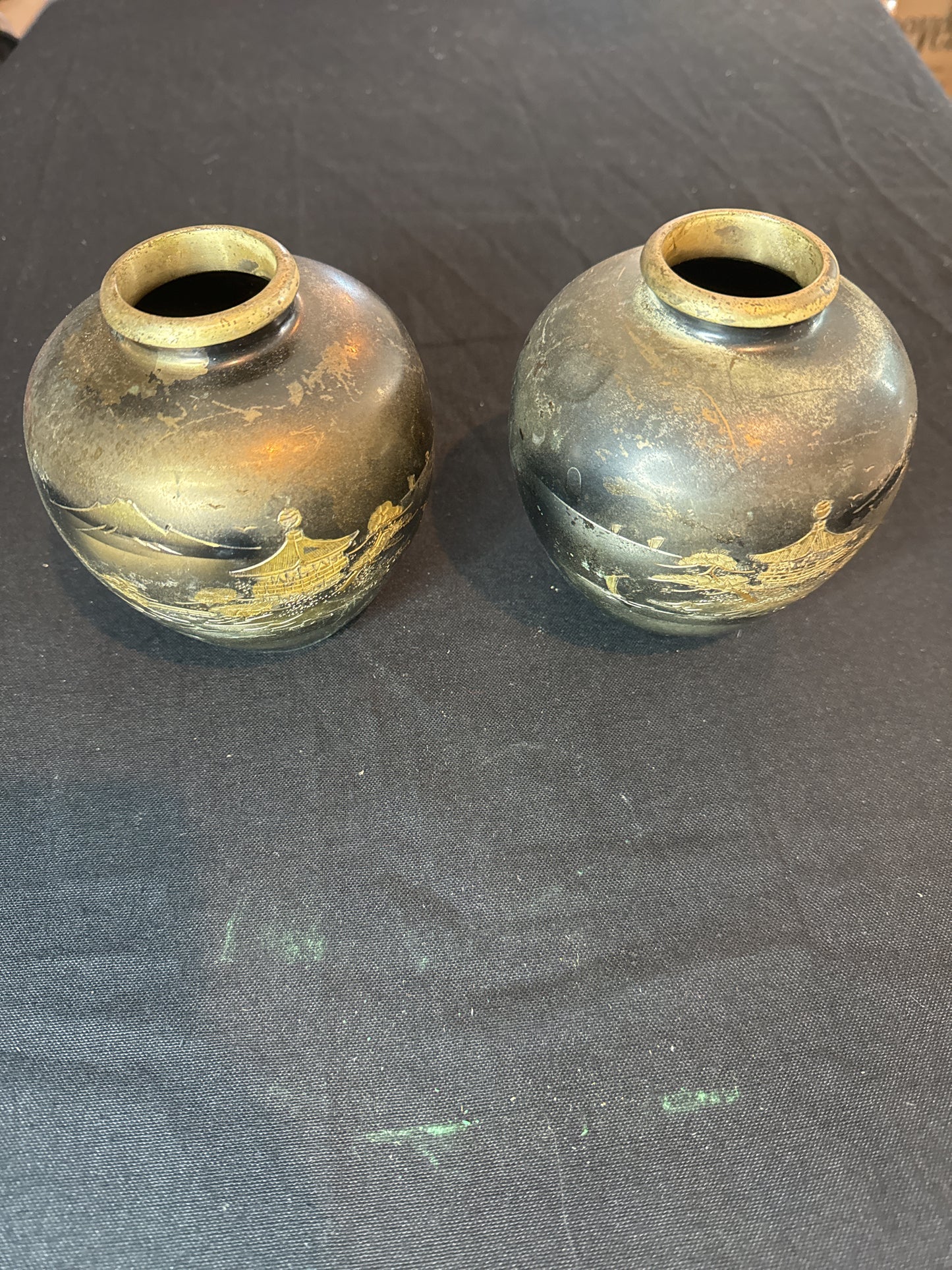 Pair of Japanese Metal Urns, Silver and Brass Inlay C. 1900 5" Tall