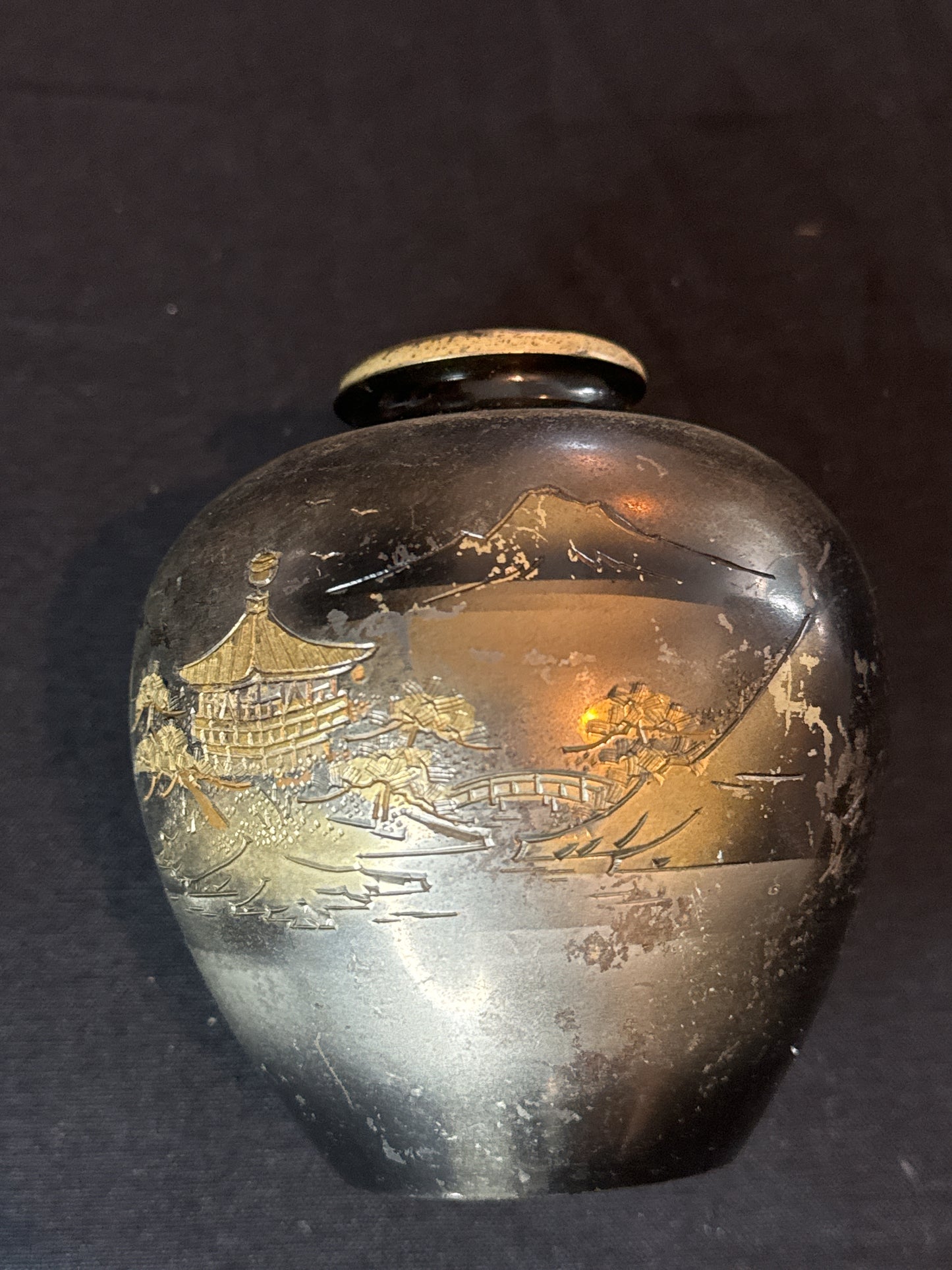 Pair of Japanese Metal Urns, Silver and Brass Inlay C. 1900 5" Tall