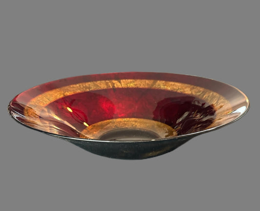 Large Decorative Glass Fruit Bowl - Red and Gold 15.5" Wide and 3.5" Tall