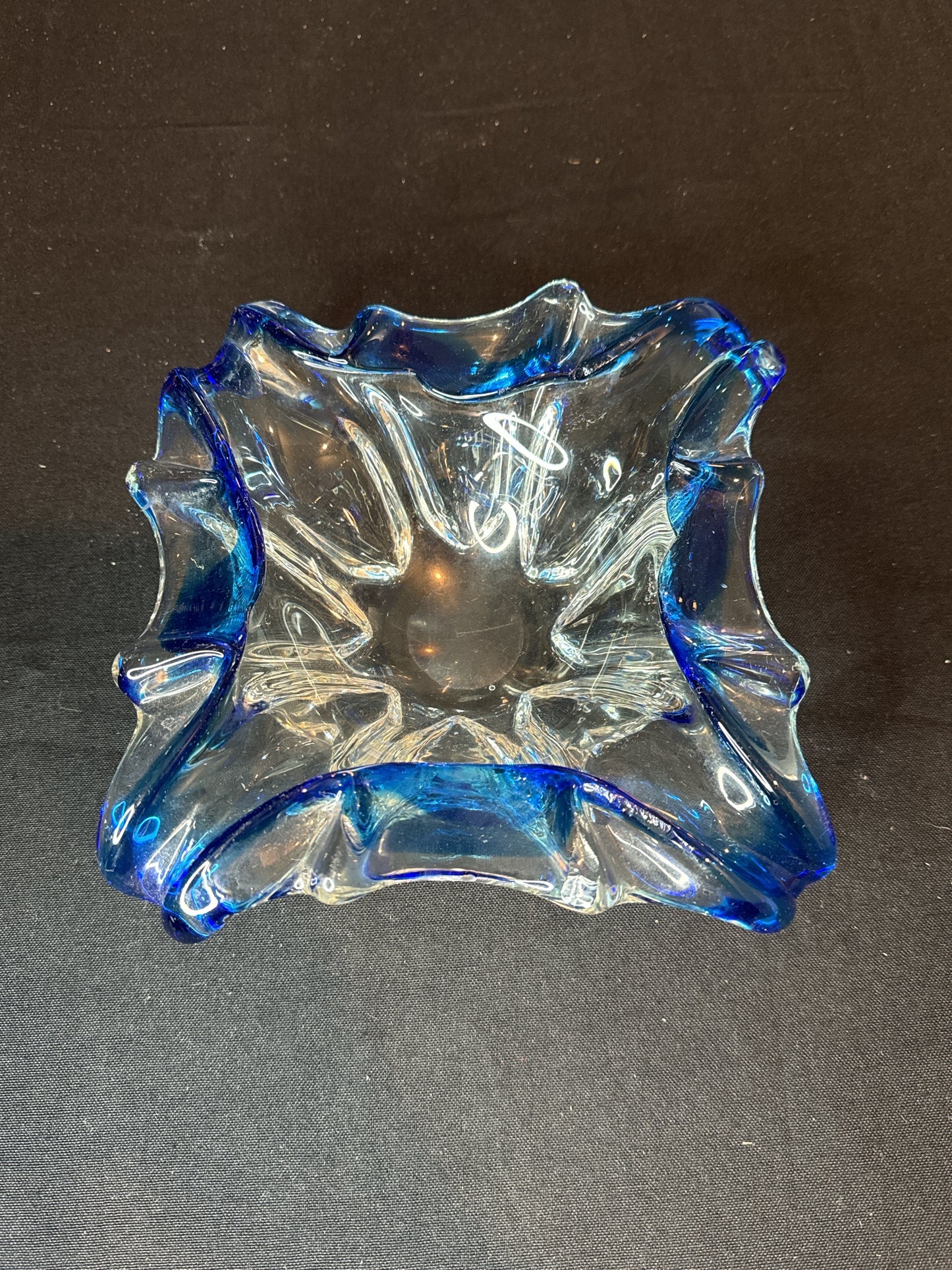 Mid Century Vintage Murano Ashtray 8" Wide 10" Wide Diagonally Blue Glass